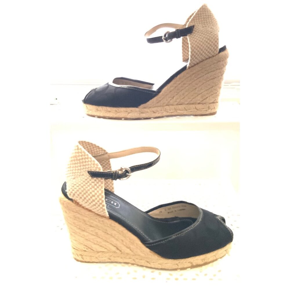 Coach Black Peep Toe Wedge Sandals With Ankle Strap &Jute Heel Size 7B